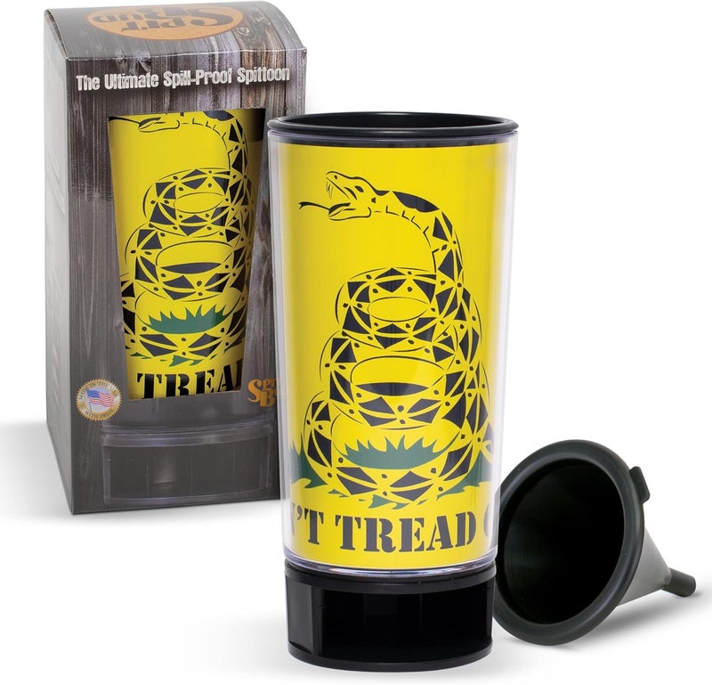 Spit Bud Don't Tread on Me #1 The Ultimate Spittoon for Chew - Portable Dip & Snuff Cup with Lid, Pop Tab, Spill-Proof Funnel, Can Cutter & Holder - Fit in Cup Holders - Holds 8oz - Made in USA - Image 1